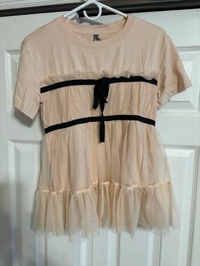 Anthropologie Blush Pink Tulle Trim Tee with Black Ribbon